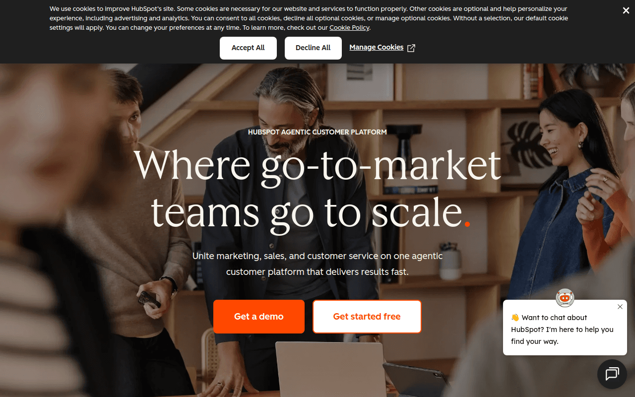 HubSpot主页 — 包含营销、销售和服务中心的CRM平台