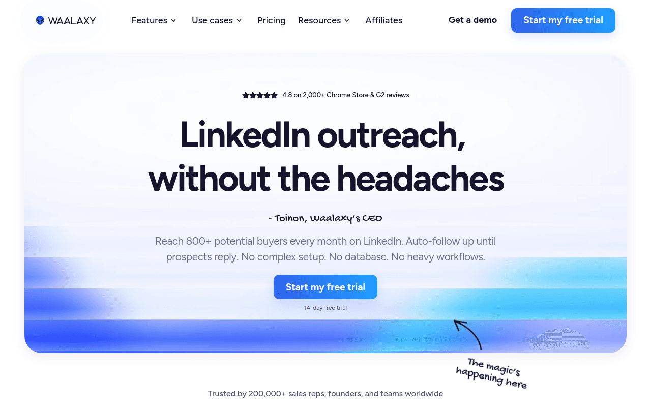 Waalaxy主页 — LinkedIn和电子邮件多渠道潜在客户开发自动化