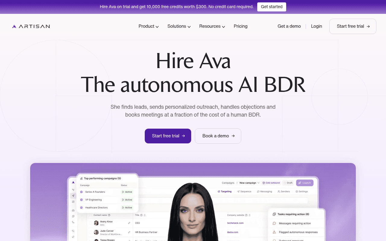 Artisan 主页介绍 Ava,自主AI BDR