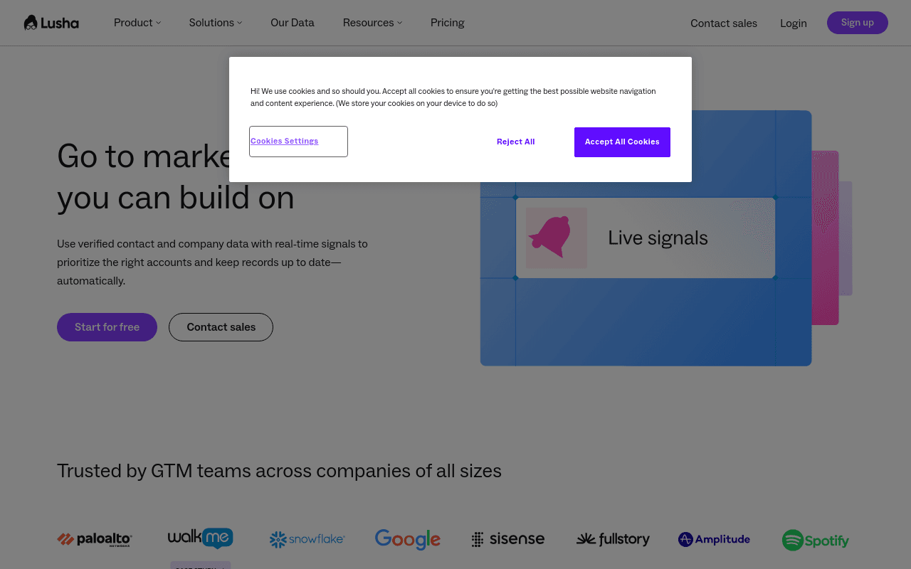 Lusha 主页 — 适用于小型团队的经济实惠B2B联系人数据